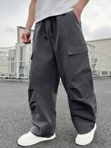 Manfinity Roghcode 男士休閒抽繩腰工裝長褲，附口袋 - 深灰色 - 查看 7