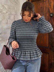 SHEIN Frenchy Plus Size Women's Plaid Casual Versatile Daily Long Sleeve Shirt - Multicolor - View 4