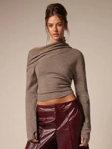 Athîral Women's Slim Fit Taupe Sweater,Fine Knit,Asymmetric Cold Shoulder,Draped Pleats,Solid,Autumn Winter,Statement,Modern Chic,Daily Outing,Fall Sweater - Khaki - View 1