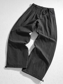 ROMWE MEN Essentials Men's Dark Striped Pleated Waist Tie Wide Leg Loose Pants - Navy Blue - View 1