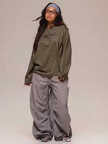 MUSERA 白色圖案Logo細節長袖上衣 冬季休閒日常舒適穿搭酷感女款上衣 - 棕色 - 查看 2