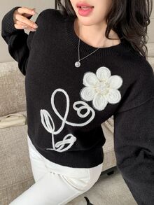 Modelyn Women's Applique Decor Round Neck Dropped Shoulder Long Sleeve Elegant Sweater - Black - View 1