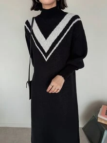 FRIFUL Women's Colorblock Casual Everyday Knit Dress Fall Work Black And White Striped - Black - View 4