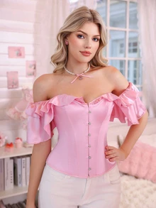 PetitDoll 1 peça Top Bustier com Babados e Patchwork de Cor Sólida - Rosa - Ver 5