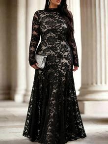 Cravure Plus Size Women's Autumn/Winter Waist-Cinching A-Line Dress With Nude Lining, Contrast Lace, Elegant For Party And Daily Wear - Black - View 5