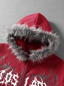 ROMWE MEN Men's Gothic Pattern Plush Patchwork Casual Versatile Hoodie - Red - View 5