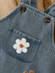 SHEIN 2pcs/Set Baby Girl Korean Style Fresh Floral Embroidered Denim Overalls Set, Flutter Sleeve Ribbed Long Sleeve T-Shirt, Exquisite Embroidery, Winter - Yellow - View 6