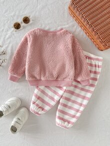 SHEIN 女嬰卡通鴨圖案人造毛厚款圓領長袖套頭運動衫與鬆緊腰收口長褲2件套，舒適百搭時尚日常可愛休閒簡約百搭風 - 彩色 - 查看 8