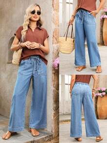 EMERY ROSE Plus Size Women's Casual Comfortable Mid-Blue Non-Stretch Drawstring Jeans - Medium Wash - View 7