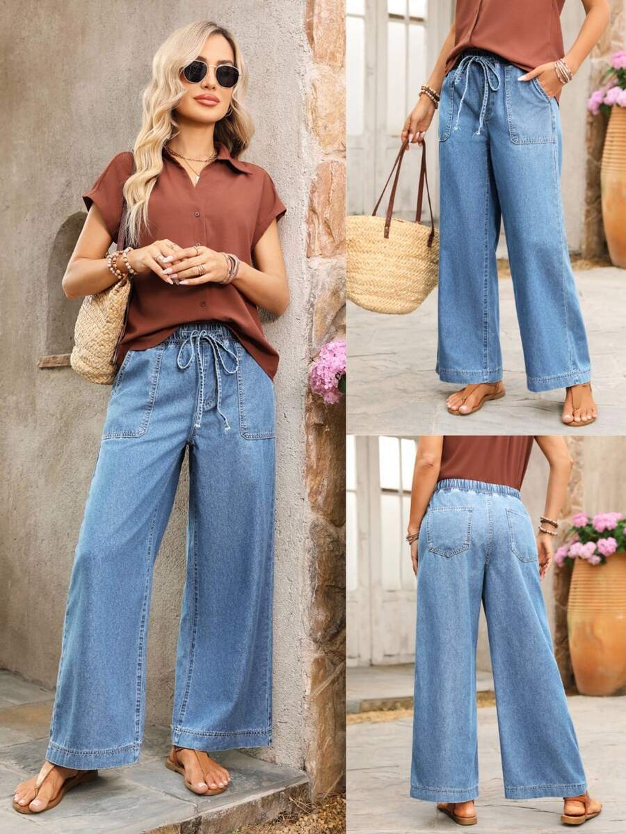 EMERY ROSE Plus Size Women's Casual Comfortable Mid-Blue Non-Stretch Drawstring Jeans - Medium Wash - View 1