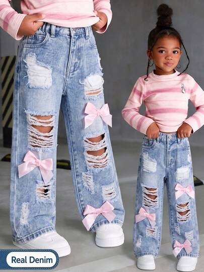 SHEIN Genkimix Kids Girls' Bowknot Distressed Denim Jeans, All-Season New Style, Fashion Casual Vintage Washed Distressed Jeans With Pink Bowknot Decor, Cute And Versatile For Multiple Occasions, Fashionable Distressed Jeans