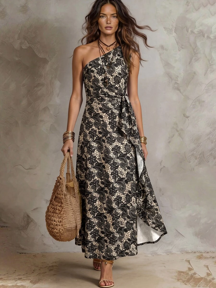 Solivie Asymmetrical Shoulder Lace Waist-Cinching A-Line Dress - Black - View 1