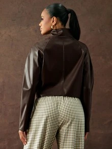Hauture Women's Streetwear Button Long Sleeve PU Material Jacket - Brown - View 2