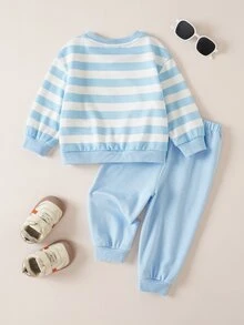 LOONEY TUNES X SHEIN طقم سويت شيرت وبنطلون بأكمام طويلة مطبوع عليه حروف وكارتون للأطفال الذكور - الأزرق - مشاهدة 2