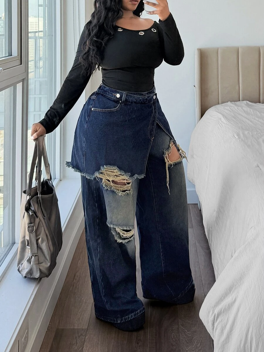 Jeanoix Plus Size Women's Casual Distressed Denim Wide Leg Pants With ...