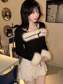 FRIFUL Women's Patchwork Fuzzy Long Sleeve Bow Decor Elegant Cute Romantic Sweater Going Out Dinner Tea Party Black And Cream Fall Winter - Black - View 5