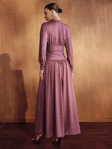 MOTF PREMIUM WOMEN'S ELEGANT COMMUTE WAIST-CINCHING LONG DRESS - Red Violet - View 3