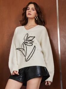 Anewsta Women's Light Color Rope Embroidery Rhinestone & Bead Decor Loose Comfortable Knit Top For Vacation And Outings - Apricot - View 3