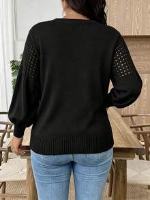 GlowEve CURVE Plus Size Women's Autumn Hollow Out Round Neck Puff Long Sleeve Pullover Knit Top - Black - View 2