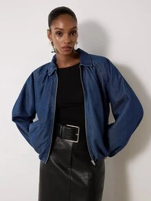 MERLEAU Women's Modern Zipper Pocket Pleated Long Sleeve Denim Jacket - Blue - View 4