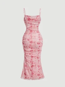 SHEIN MOD Women's Floral Print Camisole Dress And Cardigan Casual 2 Pieces Set - Baby Pink - View 10