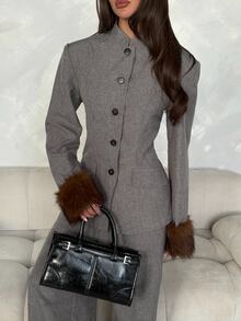 Aloruh Women's Autumn/Winter Dark Gray Suit Set, Faux Fur Patchwork Jacket, Elegant Commuter Outfit - Dark Grey - View 4