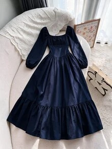 TaskSense Đầm nữ màu xanh navy cổ vuông xếp ly eo chiết tay dài, phù hợp cho mùa xuân/hè, đi biển nghỉ dưỡng - Màu xanh hải quân - Xem 8