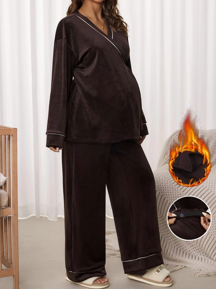 SHEIN Maternity Side Knot Long Sleeve Top And Pants Nursing 2 Pieces Set - Coffee Brown - View 1