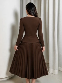Modelyn 女款復古棕色收腰荷葉邊上衣與百褶長裙兩件套，奢華長袖圓領優雅通勤與派對套裝，附裝飾腰帶 - 咖啡棕 - 查看 2