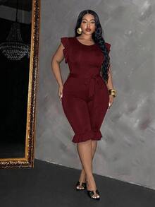 Slaydiva Women's Ruffle Sleeveless Fitted Cropped Jumpsuit With Belt, Black - Burgundy - View 5