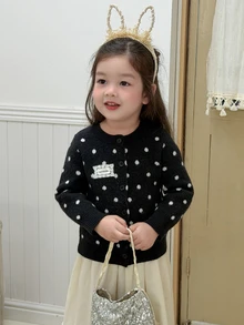 DAZY Baby Girl Polka Dot Pattern Long Sleeve Single-Breasted Knit Cardigan - Black - View 1