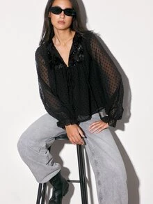 Maija Women's Patchwork Sequin Front Tie Polka Dot Mesh Fashion Blouse - Black - View 2