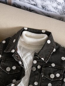 SHEIN 女童牛仔波點牛仔夾克外套，翻領水洗牛仔長袖夾克，秋季牛仔女孩牛仔風 - 棕色 - 查看 4