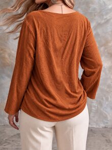 Ceyna Plus Size Solid Color Casual Minimalist Cowl Neck Loose Long Sleeve Shirt - Orange - View 2