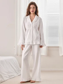 Ocili Solid Color Pure Cotton Lapel Comfortable Soft Embroidered Lace Shell Button Ruched Ruffle Long Sleeve Long Pants Women's Pajama Set - White - View 4