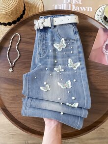 GlowEve Women's Casual Daily Denim Jeans With Faux Pearl Butterfly Decor And Pockets - Blue - View 5