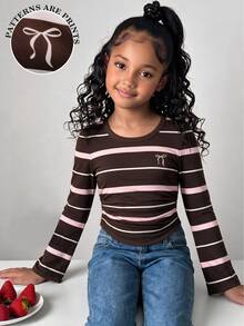 Young Girls 4-7Y Y2K Striped Bow Print Top, Flare Long Sleeve Ruched Slim Tee Shirt Fall Winter New In For Daily Casual Birthday Party Outing - Brown - View 4