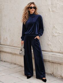 Faunlyn Women's Solid Color Long Sleeve Top And Pants Casual Elegant Daily 2 Pieces Set Lounge Tea Party Navy Blue Autumn Winter Going Out Outfit - Blue - View 5