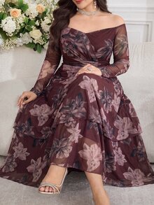 Modelyn Plus Size Women's Spring Summer Autumn Elegant Elegant Party Banquet Floral Print Off-Shoulder Cinched Waist Lightweight Dress - Multicolor - View 2