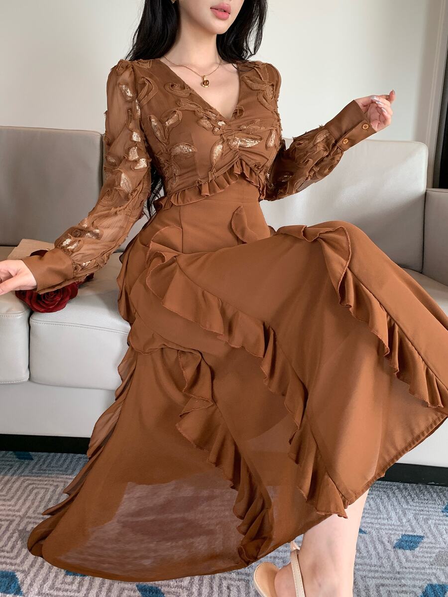 DAZY Women's Sequin Design V-Neck Patchwork Ruffle Elegant Long Sleeve Dress - Burnt Orange - View 1