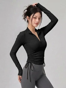 DAZY 秋季韓式立領長袖收腰彈性米色休閒瑜伽修身女款運動T恤 - 黑色 - 查看 4