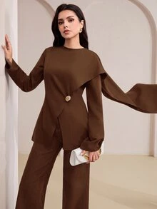 Veilorie 女款純色圓領長袖上衣，金屬腰部裝飾，優雅辦公晚餐風，秋季棕色調 - 咖啡棕 - 查看 4