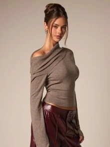 Athîral Women's Slim Fit Taupe Sweater,Fine Knit,Asymmetric Cold Shoulder,Draped Pleats,Solid,Autumn Winter,Statement,Modern Chic,Daily Outing,Fall Sweater - Khaki - View 5