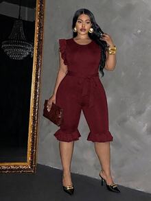 Slaydiva Women's Ruffle Sleeveless Fitted Cropped Jumpsuit With Belt, Black - Burgundy - View 7