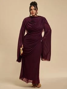SHEIN BAE CURVE Đầm tay dài màu tím size lớn phong cách thanh lịch lãng mạn với độ rủ đẹp, phù hợp cho các dịp đặc biệt, đám cưới, tiệc tối và tiệc trang trọng mùa thu - Màu đỏ tím - Xem 4