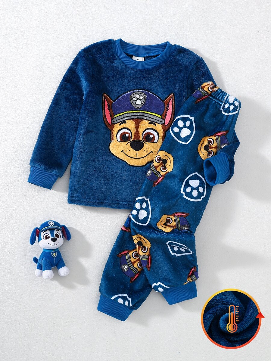 SHEIN | PAW Patrol 小男孩新款極簡時尚優雅卡通圖案法蘭絨印花圓領套頭長袖上衣搭配長褲，舒適居家服 2 件套，柔軟親膚面料 - 藍色 - 查看 1