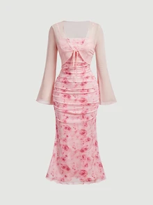 SHEIN MOD Women's Floral Print Camisole Dress And Cardigan Casual 2 Pieces Set - Baby Pink - View 5