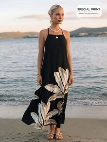 CAJUNI Chic Vacation Golden Palm Embroidery Elegant Open Back Maxi Dress - Black - View 10