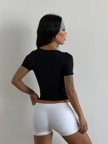 Coolane Women's Summer Fall Sport Stretchy Comfortable Streetwear Rib Knit Slim Fit Notched Black T-Shirt - Black - View 5
