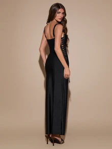 SHEIN BAE Spring/Autumn Black Satin Spaghetti Strap Long Dress, Ruched Chest, Side Tie Hollow Out, Slim Fit Bodycon Evening Gown, Suitable For Party, Date, Nightclub - Black - View 2